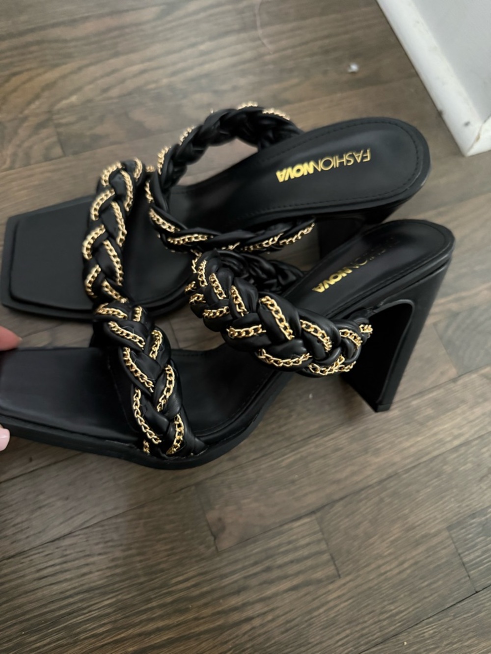 Fashion Nova Black Braided Chain Block Heel Mules